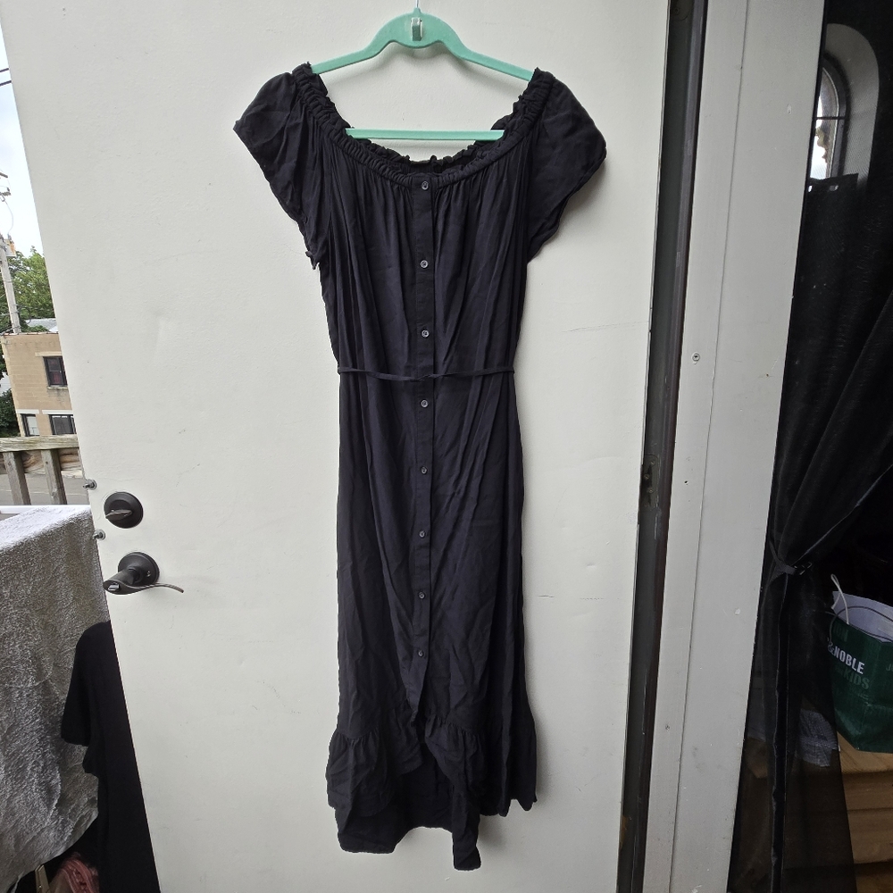 LOFT Petites black off-shoulder button down midi dress with tie waist